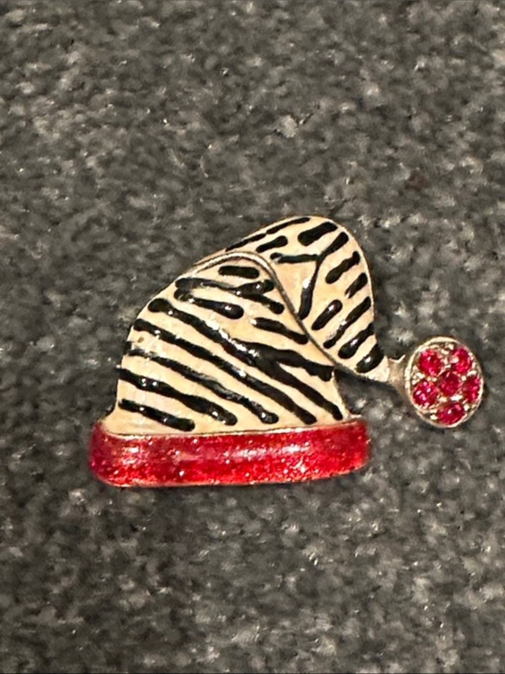 Zebra Stripe Santa Hat Pin with Red Trim holiday brooch vintage
